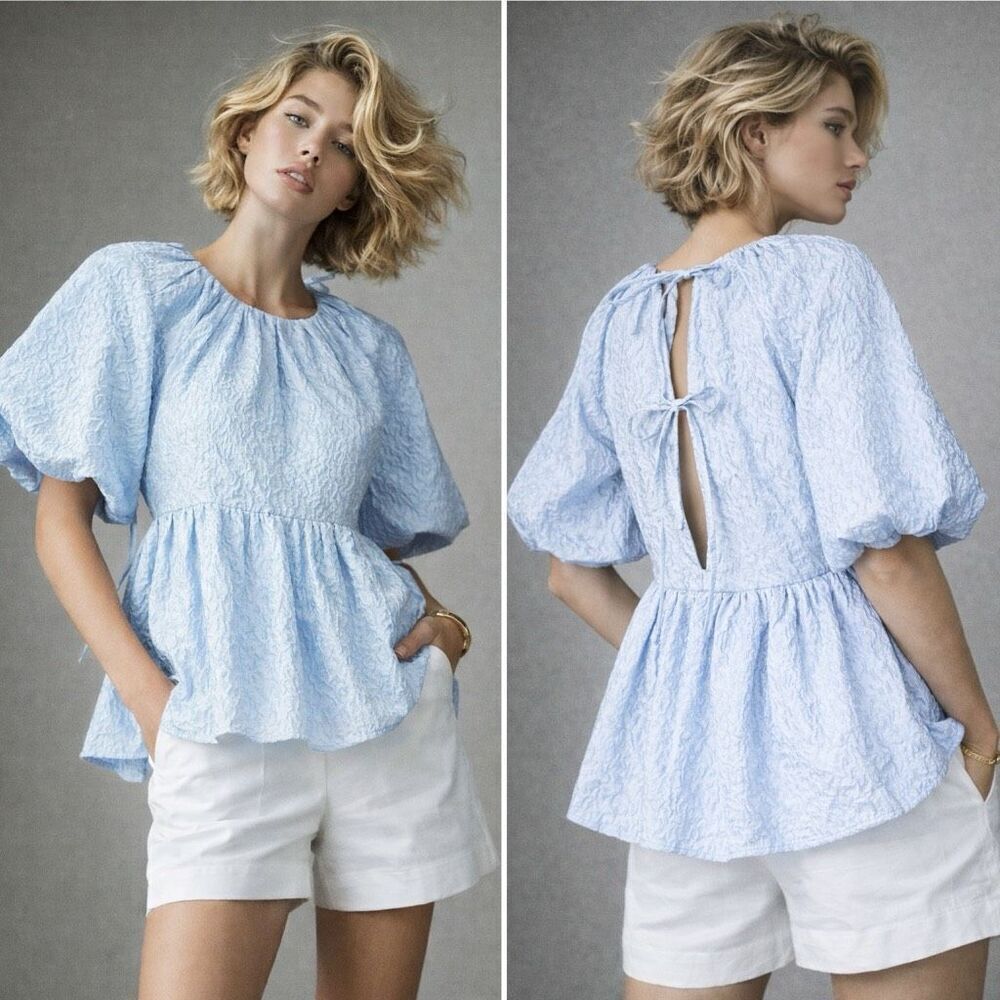 Tuckernuck Hyacinth House Julia Jacquard Puff Sleeve Babydoll Top S  Preppy Blue